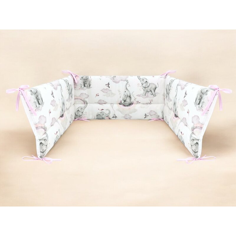 Aparatoare pentru patut, Qmini, Din bumbac certificat Oeko Tex Standard 100, 210x30 cm, Cu panglici, Elephants on Rainbow Pink