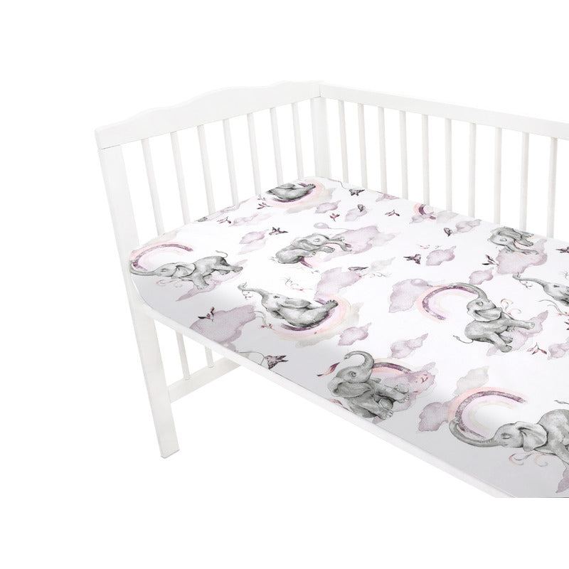 Cearceaf cu elastic, Qmini, Pentru patut 120x60 cm, Din bumbac certificat Oeko Tex Standard 100, Elephants on Rainbow Pink - gogobaby.ro