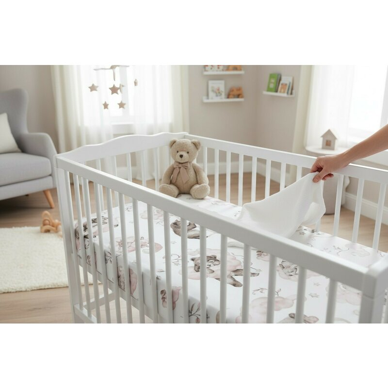 Cearceaf cu elastic, Qmini, Pentru patut 120x60 cm, Din bumbac certificat Oeko Tex Standard 100, Teddy Bear and Friends Pink