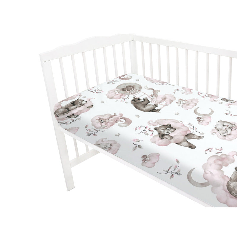 Cearceaf cu elastic, Qmini, Pentru patut 140X70 cm, Din bumbac certificat Oeko Tex Standard 100, Teddy Bear and Friends Pink - gogobaby.ro