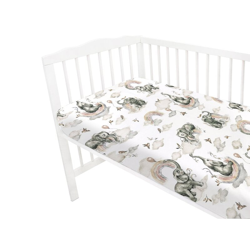 Cearceaf cu elastic, Qmini, Pentru patut 140X70 cm, Din bumbac certificat Oeko Tex Standard 100, Elephants on Rainbow