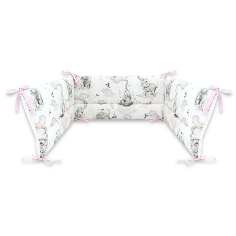 Lenjerie patut 3 piese, Qmini, Pentru patut 140x70 cm, Cu protectie laterala, Din bumbac certificat Oeko Tex Standard 100, Elephants on Rainbow Pink - gogobaby.ro