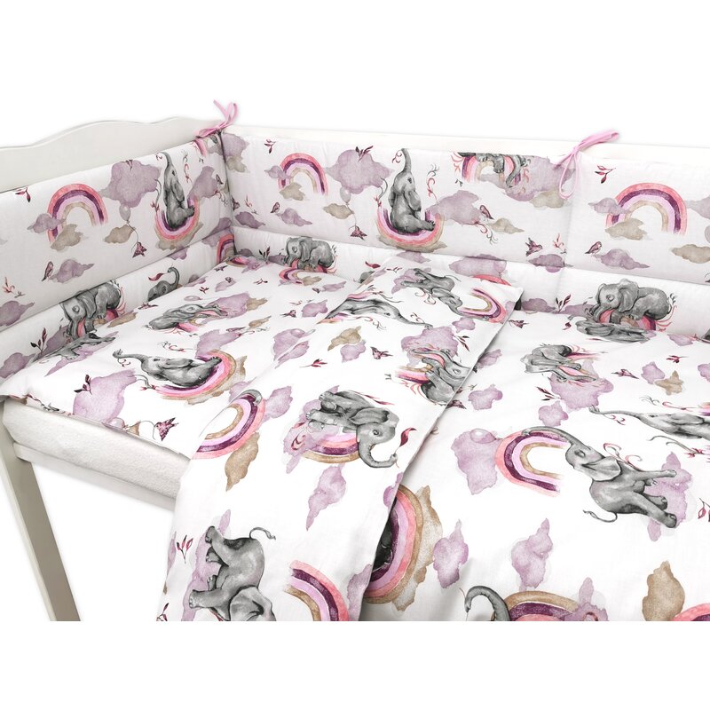 Lenjerie patut 3 piese, Qmini, Pentru patut 140x70 cm, Cu protectie laterala, Din bumbac certificat Oeko Tex Standard 100, Elephants on Rainbow Pink - gogobaby.ro