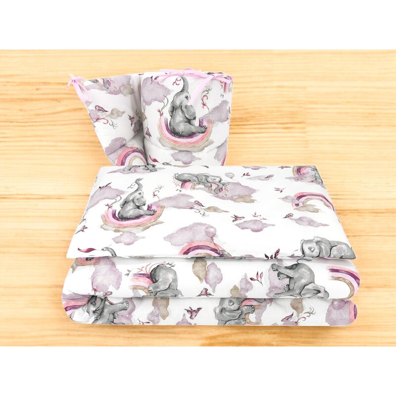 Lenjerie patut 3 piese, Qmini, Pentru patut 140x70 cm, Cu protectie laterala, Din bumbac certificat Oeko Tex Standard 100, Elephants on Rainbow Pink - gogobaby.ro