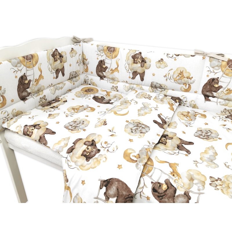 Lenjerie patut 3 piese, Qmini, Pentru patut 140x70 cm, Cu protectie laterala, Din bumbac certificat Oeko Tex Standard 100, Teddy Bear and Friends Beige