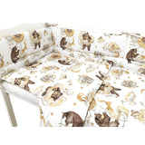 Lenjerie patut 3 piese, Qmini, Pentru patut 140x70 cm, Cu protectie laterala, Din bumbac certificat Oeko Tex Standard 100, Teddy Bear and Friends Beige