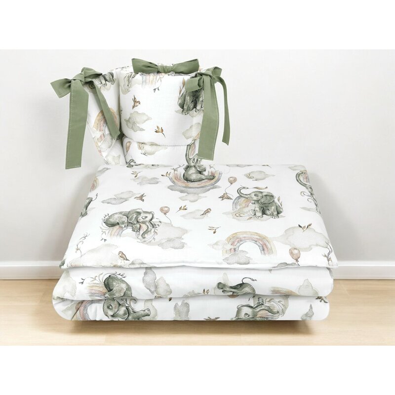 Lenjerie patut 3 piese, Qmini, Pentru patut 120x60 cm, Cu protectie laterala, Din bumbac certificat Oeko Tex Standard 100, Elephants on Rainbow - gogobaby.ro
