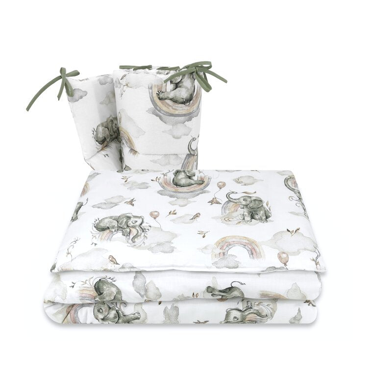 Lenjerie patut 3 piese, Qmini, Pentru patut 120x60 cm, Cu protectie laterala, Din bumbac certificat Oeko Tex Standard 100, Elephants on Rainbow