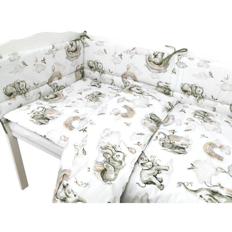 Lenjerie patut 3 piese, Qmini, Pentru patut 120x60 cm, Cu protectie laterala, Din bumbac certificat Oeko Tex Standard 100, Elephants on Rainbow - gogobaby.ro