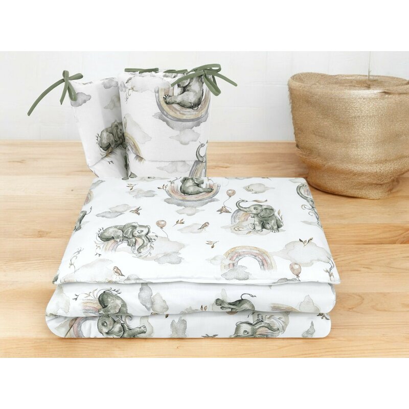 Lenjerie patut 3 piese, Qmini, Pentru patut 120x60 cm, Cu protectie laterala, Din bumbac certificat Oeko Tex Standard 100, Elephants on Rainbow - gogobaby.ro