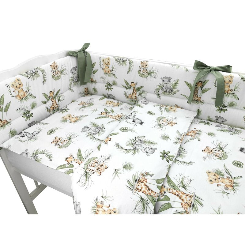 Lenjerie patut 3 piese, Qmini, Pentru patut 120x60 cm, Cu protectie laterala, Din bumbac certificat Oeko Tex Standard 100, Safari - gogobaby.ro