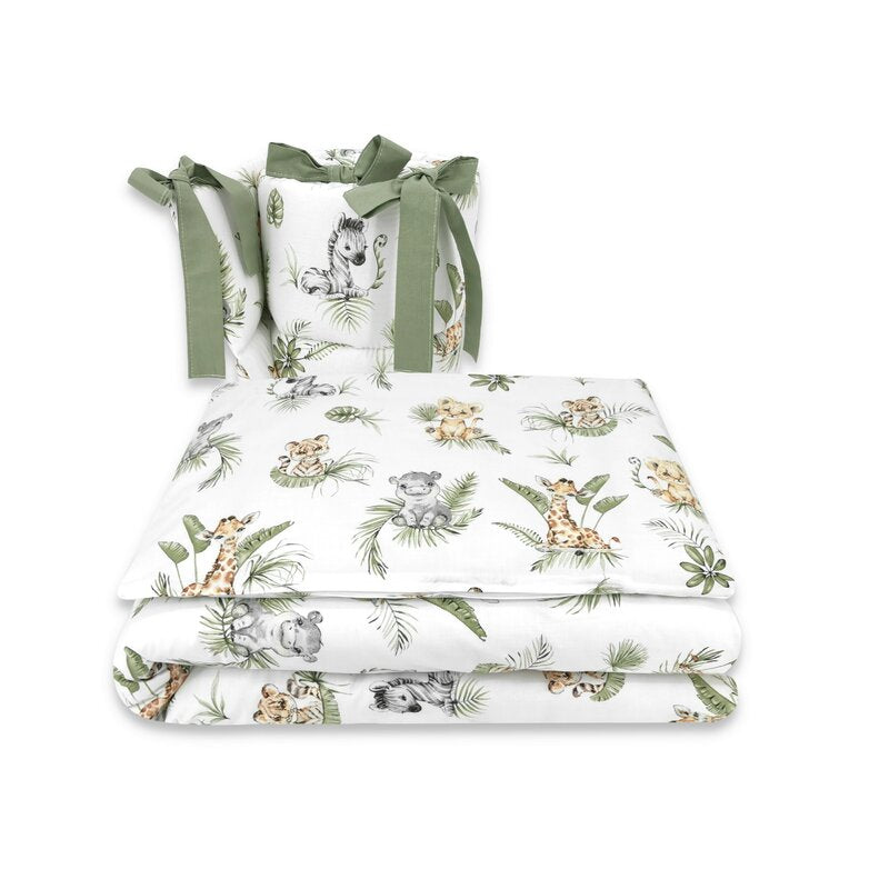 Lenjerie patut 3 piese, Qmini, Pentru patut 120x60 cm, Cu protectie laterala, Din bumbac certificat Oeko Tex Standard 100, Safari
