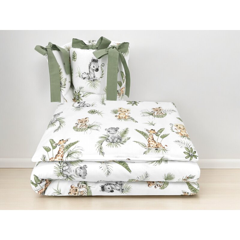 Lenjerie patut 3 piese, Qmini, Pentru patut 120x60 cm, Cu protectie laterala, Din bumbac certificat Oeko Tex Standard 100, Safari - gogobaby.ro