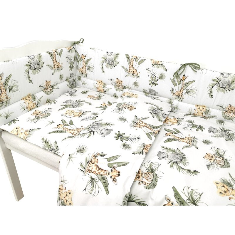 Lenjerie patut 3 piese, Qmini, Pentru patut 140x70 cm, Cu protectie laterala, Din bumbac certificat Oeko Tex Standard 100, Safari - gogobaby.ro