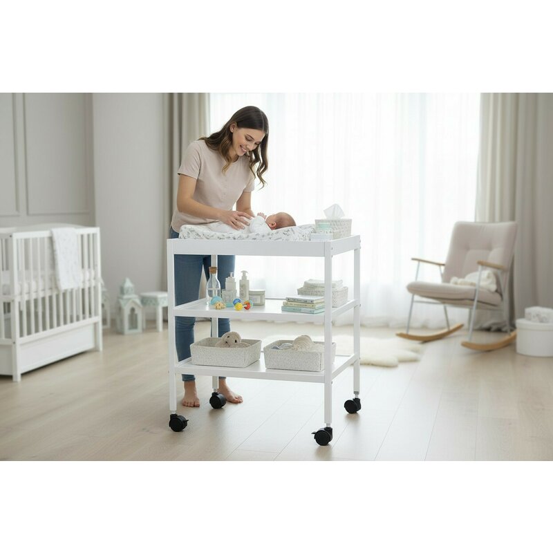 Masuta de schimbat, Qmini, Cu 2 polite pentru depozitare, Potrivita pentru saltelute de infasat de 70x50 cm, Inaltime 86 cm, Alb
