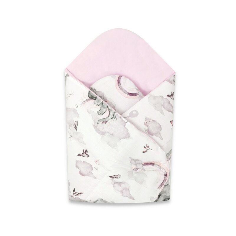 Paturica de infasat, Qmini, Cu doua fete, Cu multiple utilizari, Cu inchidere arici velcro, Dimensiune 75x75 cm, Din bumbac certificat Oeko Tex Standard 100, Elephants on Rainbow Pink - gogobaby.ro