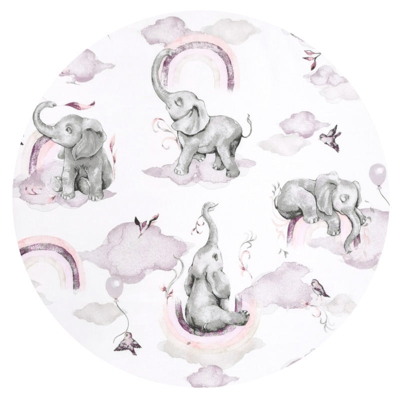 Paturica de infasat, Qmini, Cu doua fete, Cu multiple utilizari, Cu inchidere arici velcro, Dimensiune 75x75 cm, Din bumbac certificat Oeko Tex Standard 100, Elephants on Rainbow Pink - gogobaby.ro