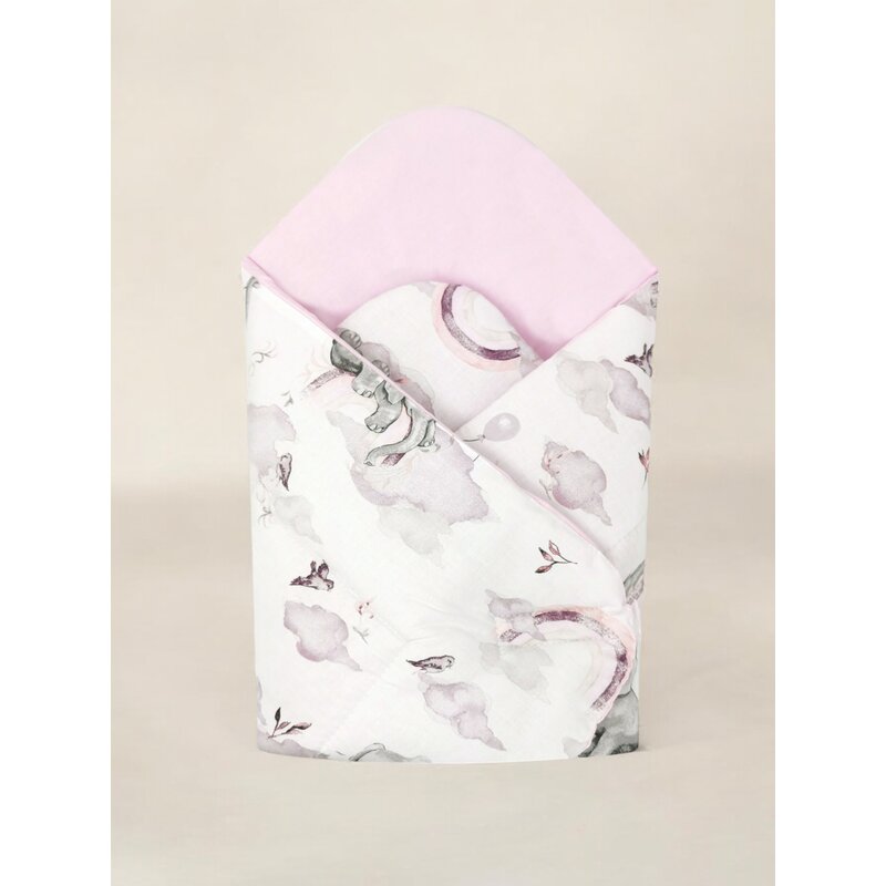 Paturica de infasat, Qmini, Cu doua fete, Cu multiple utilizari, Cu inchidere arici velcro, Dimensiune 75x75 cm, Din bumbac certificat Oeko Tex Standard 100, Elephants on Rainbow Pink - gogobaby.ro