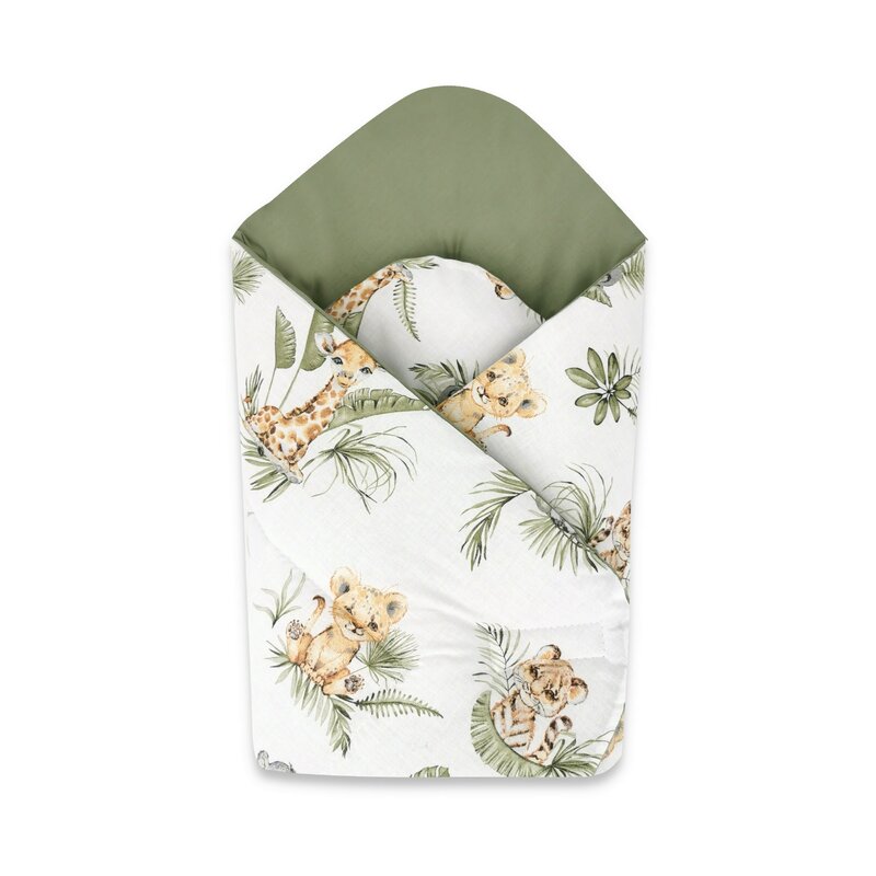 Paturica de infasat, Qmini, Cu doua fete, Cu multiple utilizari, Cu inchidere arici velcro, Dimensiune 75x75 cm, Din bumbac certificat Oeko Tex Standard 100, Safari - gogobaby.ro