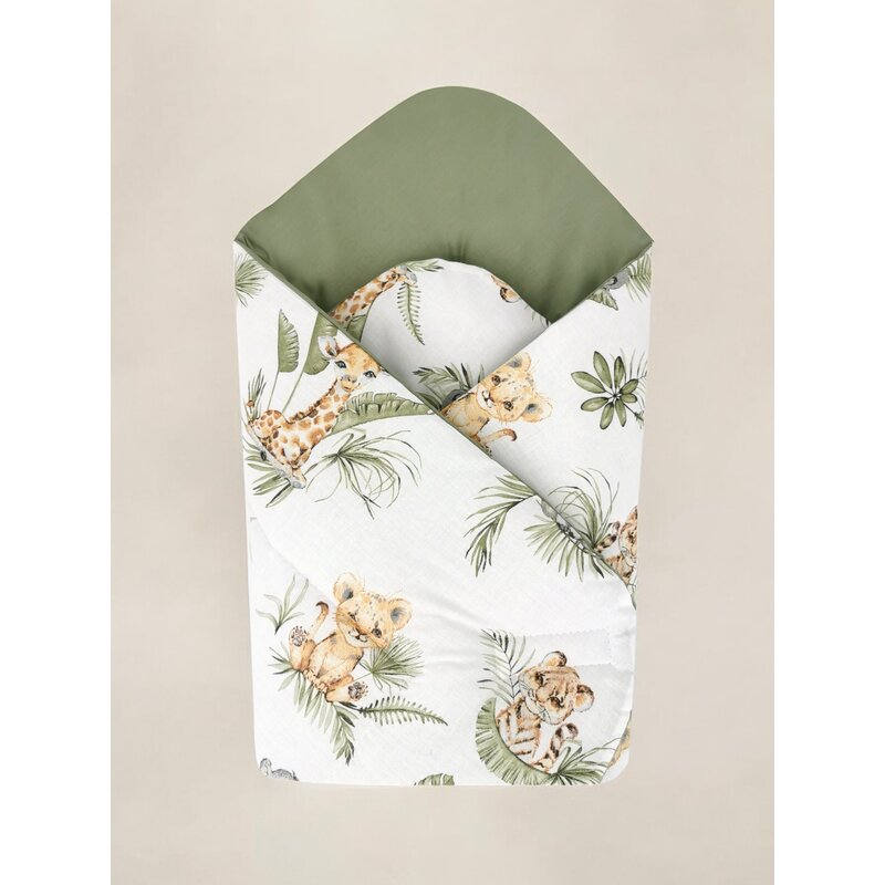 Paturica de infasat, Qmini, Cu doua fete, Cu multiple utilizari, Cu inchidere arici velcro, Dimensiune 75x75 cm, Din bumbac certificat Oeko Tex Standard 100, Safari - gogobaby.ro