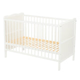 Patut din lemn bebe, 120x60 cm, Cu sina speciala pentru dentitie, Multifunctional, EN716-1, EN716-2, Alb, Qmini, Julia