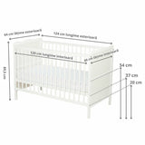 Patut din lemn bebe, 120x60 cm, Cu sina speciala pentru dentitie, Multifunctional, EN716-1, EN716-2, Alb, Qmini, Julia