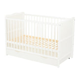 Patut din lemn bebe, 120x60 cm, Cu sertar, Cu sina speciala pentru dentitie, Multifunctional, EN716-1, EN716-2, Alb, Qmini, Julia