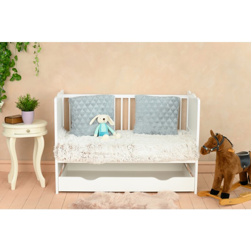Patut din lemn bebe, 120x60 cm, Cu sertar, Cu sina speciala pentru dentitie, Multifunctional, EN716-1, EN716-2, Alb, Qmini, Julia - gogobaby.ro