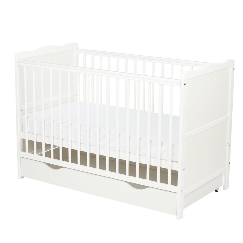 Patut din lemn bebe, 120x60 cm, Cu sertar, Cu sina speciala pentru dentitie, Multifunctional, EN716-1, EN716-2, Alb, Qmini, Julia - gogobaby.ro