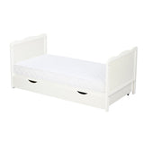 Patut din lemn bebe, 120x60 cm, Cu sertar, Cu sina speciala pentru dentitie, Multifunctional, EN716-1, EN716-2, Alb, Qmini, Julia