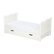 Patut din lemn bebe, 120x60 cm, Cu sertar, Cu sina speciala pentru dentitie, Multifunctional, EN716-1, EN716-2, Alb, Qmini, Julia