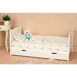 Patut din lemn bebe, 120x60 cm, Cu sertar, Cu sina speciala pentru dentitie, Multifunctional, EN716-1, EN716-2, Alb, Qmini, Julia