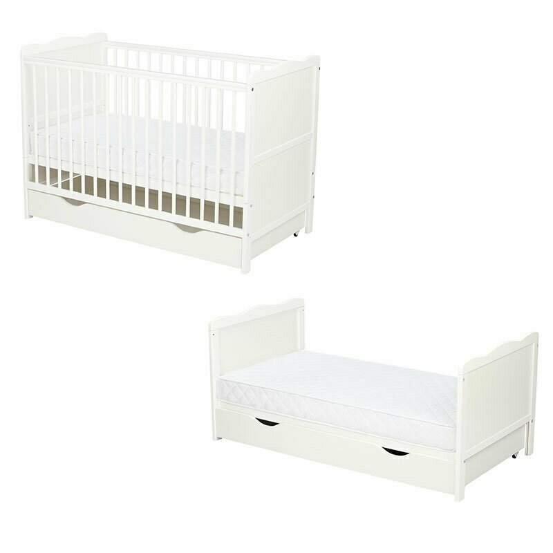 Patut din lemn bebe, 120x60 cm, Cu sertar, Cu sina speciala pentru dentitie, Multifunctional, EN716-1, EN716-2, Alb, Qmini, Julia - gogobaby.ro