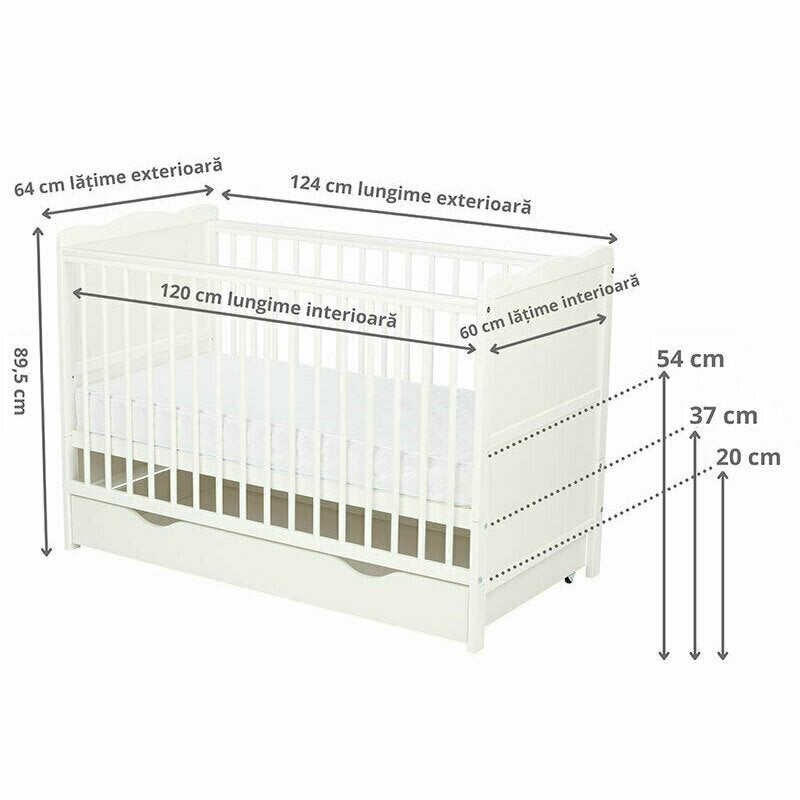 Patut din lemn bebe, 120x60 cm, Cu sertar, Cu sina speciala pentru dentitie, Multifunctional, EN716-1, EN716-2, Alb, Qmini, Julia - gogobaby.ro