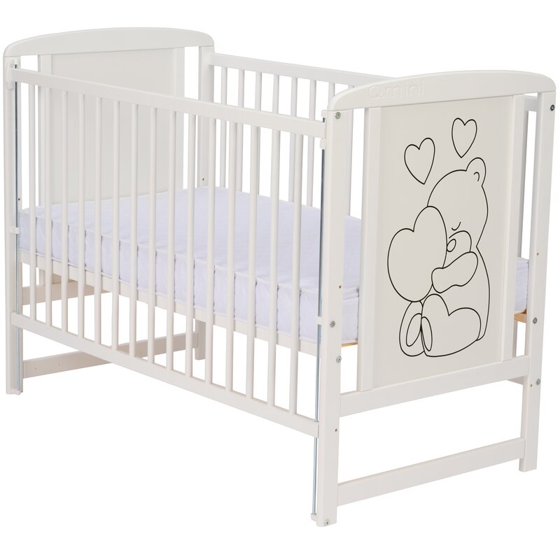Patut din lemn bebe, 120x60 cm, Cu laterala culisanta, Din lemn de pin si mdf, Stabil si rezistent, Inaltime saltea reglabila pe 3 nivele, Laterala cu 3 bete detasabile, EN716-1, EN716-2, Alb, Qmini, Timmi Heart