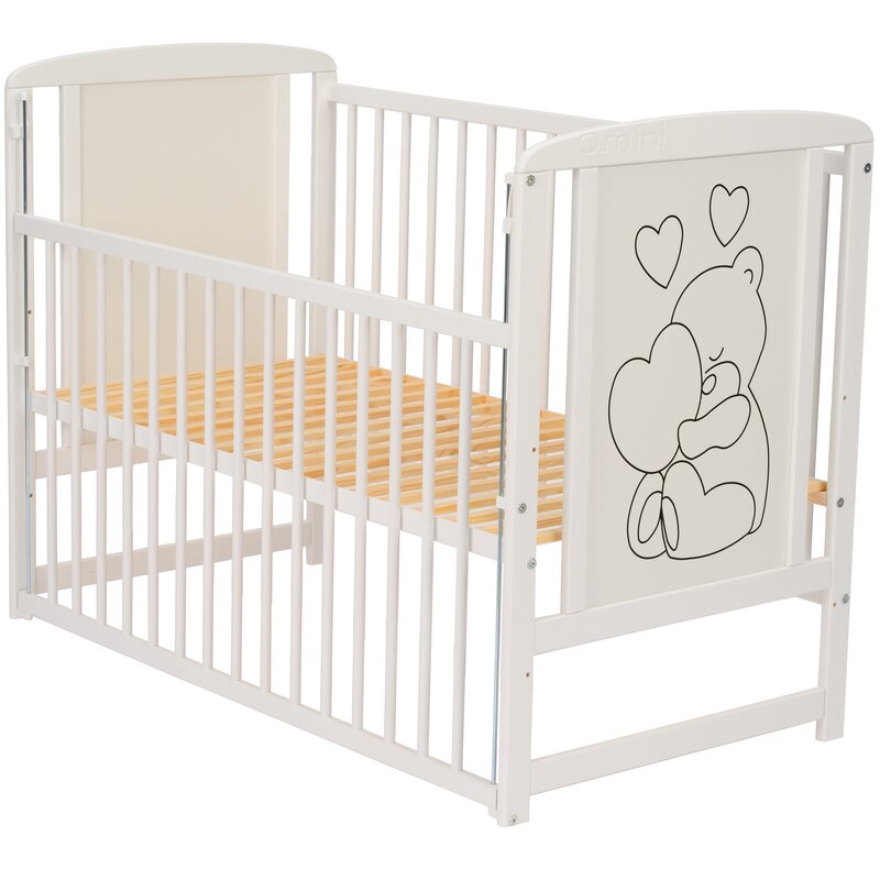 Patut din lemn bebe, 120x60 cm, Cu laterala culisanta, Din lemn de pin si mdf, Stabil si rezistent, Inaltime saltea reglabila pe 3 nivele, Laterala cu 3 bete detasabile, EN716-1, EN716-2, Alb, Qmini, Timmi Heart