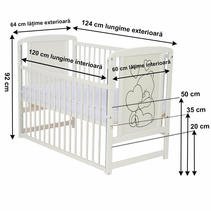 Patut din lemn bebe, 120x60 cm, Cu laterala culisanta, Din lemn de pin si mdf, Stabil si rezistent, Inaltime saltea reglabila pe 3 nivele, Laterala cu 3 bete detasabile, EN716-1, EN716-2, Alb, Qmini, Timmi Heart
