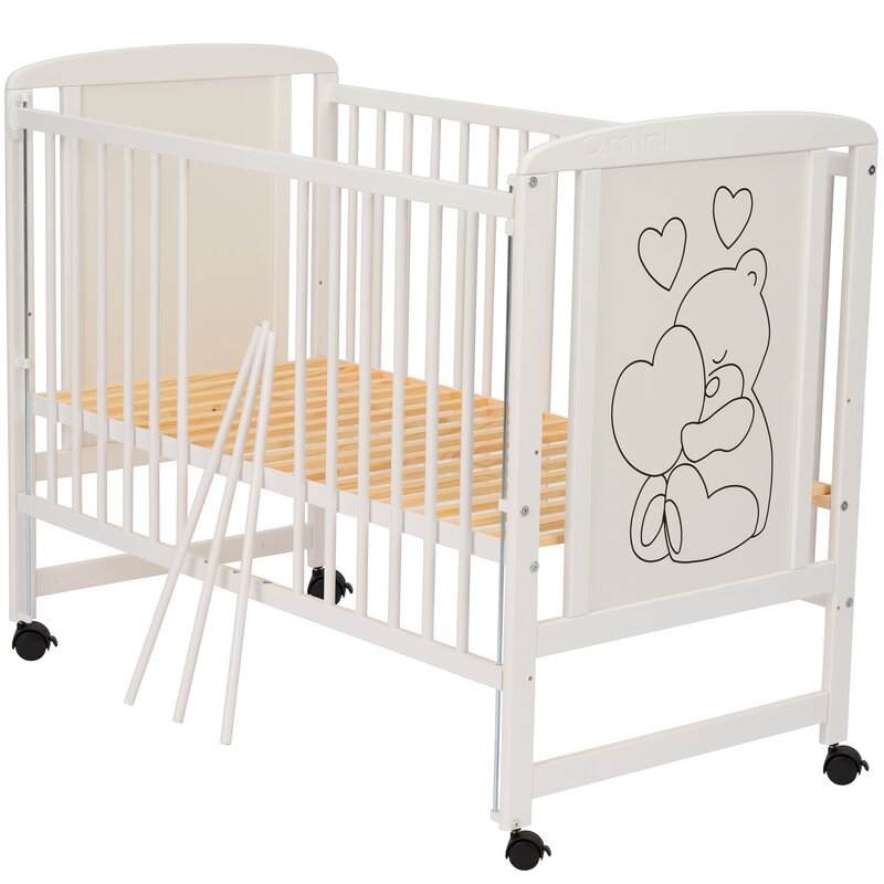 Patut din lemn bebe, 120x60 cm, Cu laterala culisanta, Din lemn de pin si mdf, Stabil si rezistent, Inaltime saltea reglabila pe 3 nivele, Laterala cu 3 bete detasabile, EN716-1, EN716-2, Alb, Qmini, Timmi Heart