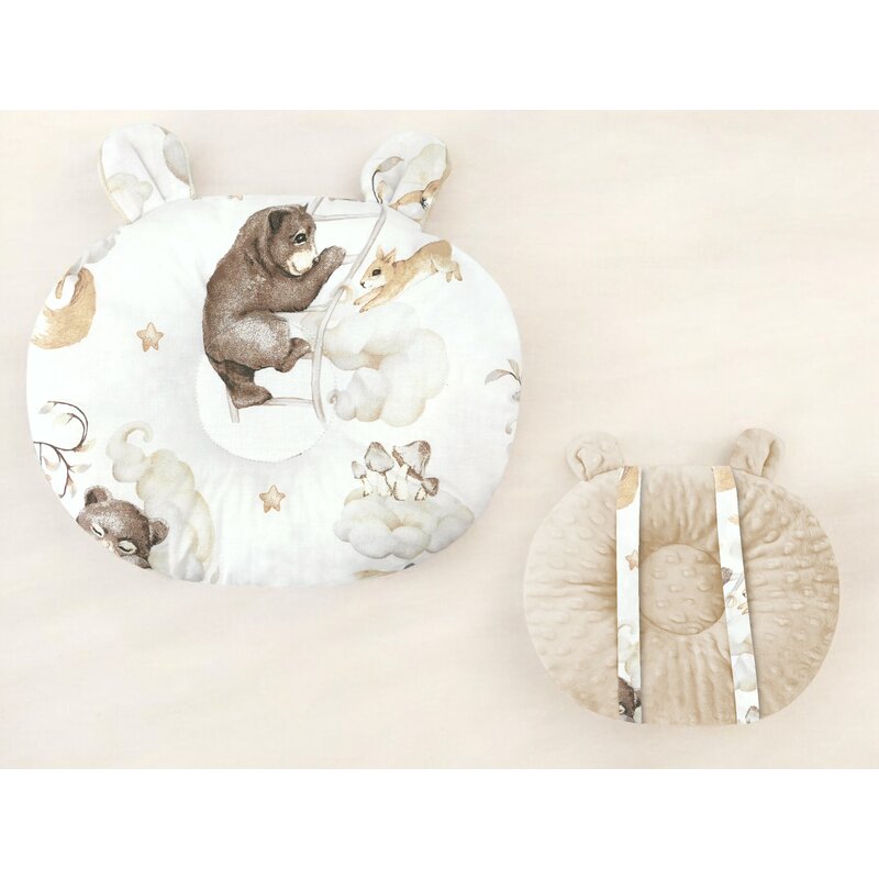 Perna bebelusi, Qmini, Ursulet, Multifunctionala, Cu doua fete, Tesatura pufoasa minky si bumbac, Materiale certificate Oeko Tex Standard 100, 30x23 cm, Minky Teddy Bear and Friends Beige - gogobaby.ro