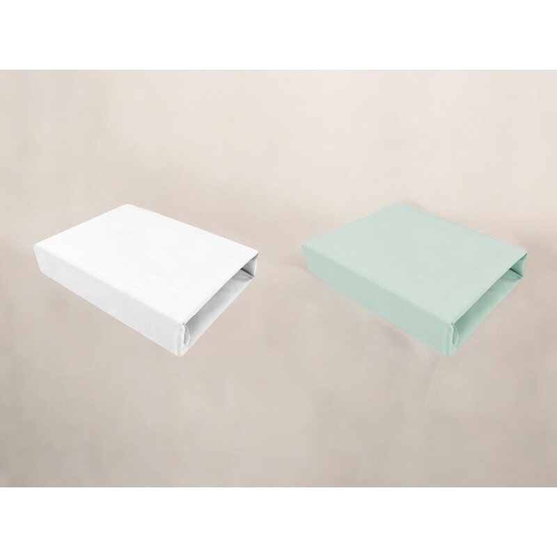 Set 2 cearceafuri cu elastic, Qmini, Pentru patut leagan sau patut co-sleeper, 90x50 cm, Din bumbac, Material certificat Oeko Tex Standard 100, White and Cold Mint - gogobaby.ro