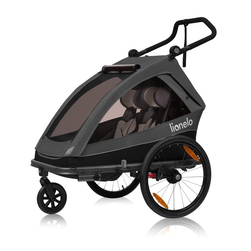 Carucior si remorca de bicicleta, Lionelo, Cama, Multifunctional, Pentru 1 sau 2 copii, Cu sistem de absorbtie a socurilor SIQ, Geamuri cu protectie solara, Negru - gogobaby.ro