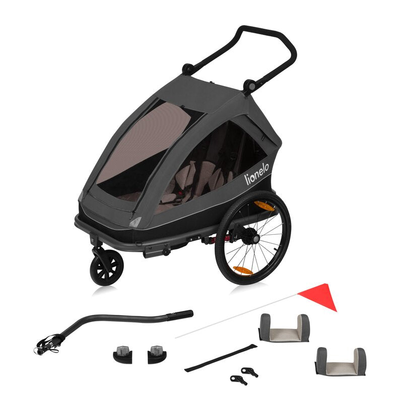 Carucior si remorca de bicicleta, Lionelo, Cama, Multifunctional, Pentru 1 sau 2 copii, Cu sistem de absorbtie a socurilor SIQ, Geamuri cu protectie solara, Negru - gogobaby.ro