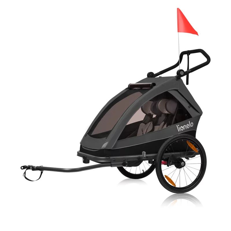 Carucior si remorca de bicicleta, Lionelo, Cama, Multifunctional, Pentru 1 sau 2 copii, Cu sistem de absorbtie a socurilor SIQ, Geamuri cu protectie solara, Negru