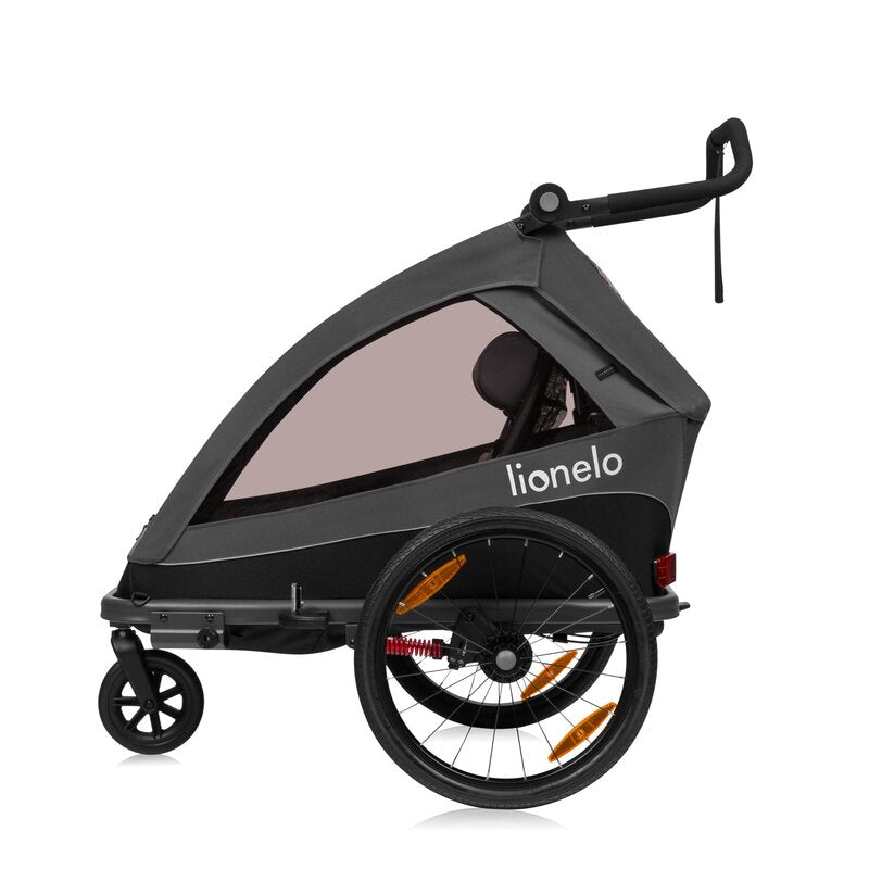 Carucior si remorca de bicicleta, Lionelo, Cama, Multifunctional, Pentru 1 sau 2 copii, Cu sistem de absorbtie a socurilor SIQ, Geamuri cu protectie solara, Negru - gogobaby.ro