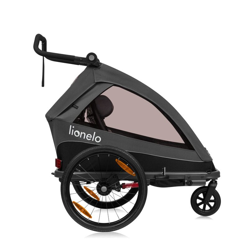 Carucior si remorca de bicicleta, Lionelo, Cama, Multifunctional, Pentru 1 sau 2 copii, Cu sistem de absorbtie a socurilor SIQ, Geamuri cu protectie solara, Negru - gogobaby.ro