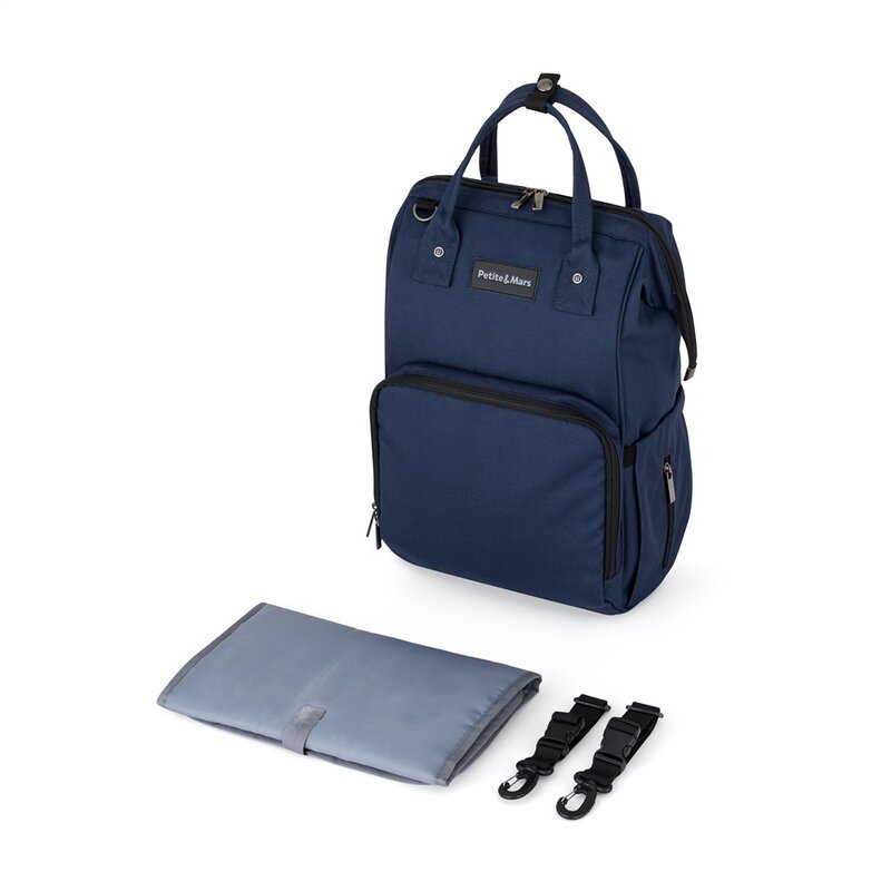 Rucsac pentru mamici, Petite&Mars, Jack, Cu 11 compartimente, Cu buzunare termice, Saltea de infasat inclusa, 30 x 42 x 15 cm, Albastru
