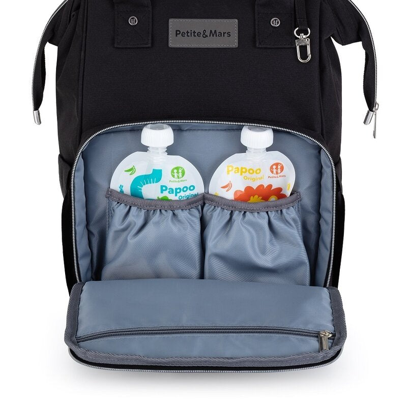 Rucsac pentru mamici, Petite&Mars, Jack, Cu 11 compartimente, Cu buzunare termice, Saltea de infasat inclusa, 30 x 42 x 15 cm, Albastru