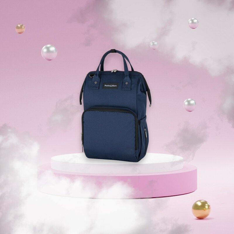 Rucsac pentru mamici, Petite&Mars, Jack, Cu 11 compartimente, Cu buzunare termice, Saltea de infasat inclusa, 30 x 42 x 15 cm, Albastru