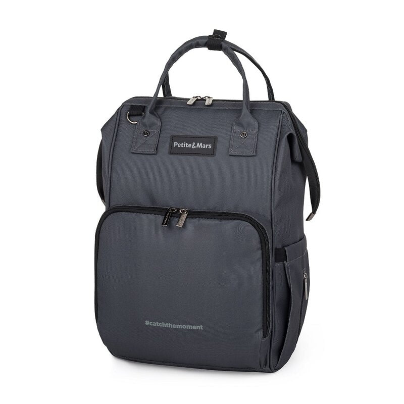 Rucsac pentru mamici, Petite&Mars, Jack, Cu 11 compartimente, Cu buzunare termice, Saltea de infasat inclusa, 30 x 42 x 15 cm, Ultimate Grey - gogobaby.ro