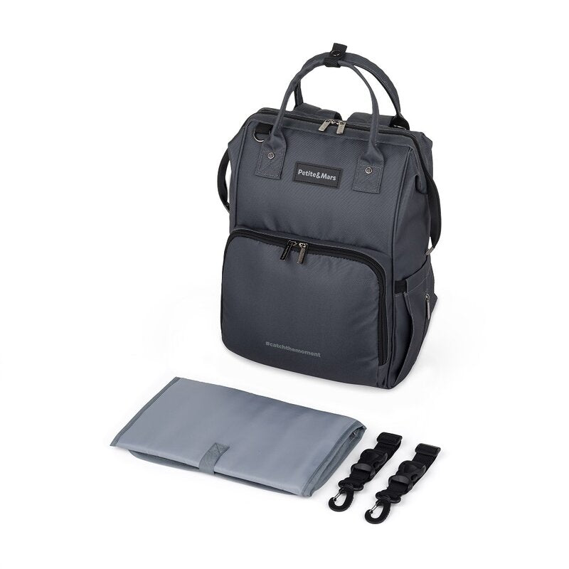 Rucsac pentru mamici, Petite&Mars, Jack, Cu 11 compartimente, Cu buzunare termice, Saltea de infasat inclusa, 30 x 42 x 15 cm, Ultimate Grey - gogobaby.ro